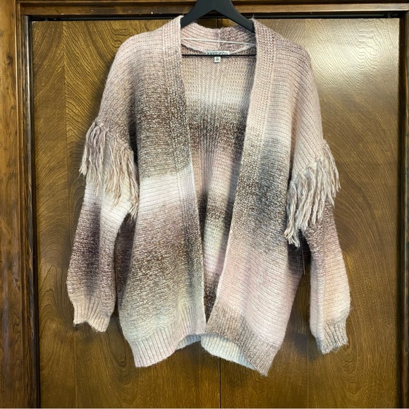 NWT Frye & Co XL Pink Open Front Cardigan Wool Blend Fringe Boho Spacedye Ombré - Picture 1 of 16